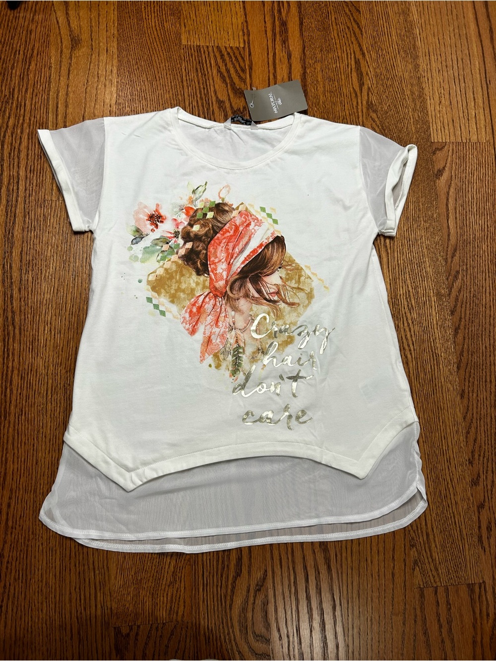 New Women / Girls White Graphic Layered-Hem Tee with Coral Headscarf size M